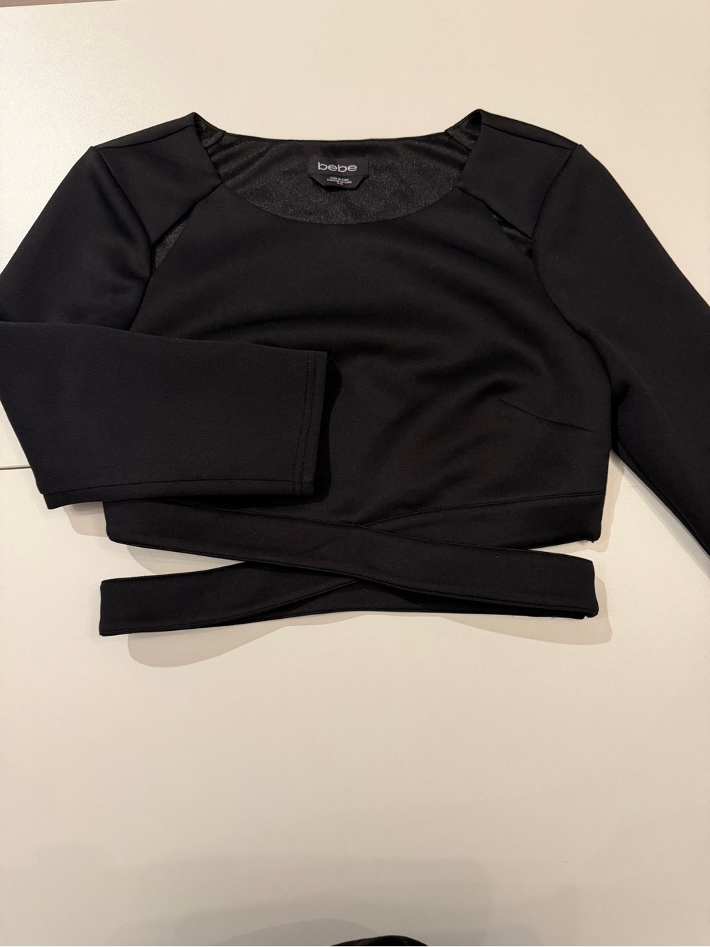 bebe Black 3/4-Sleeve Wrap Crop Top